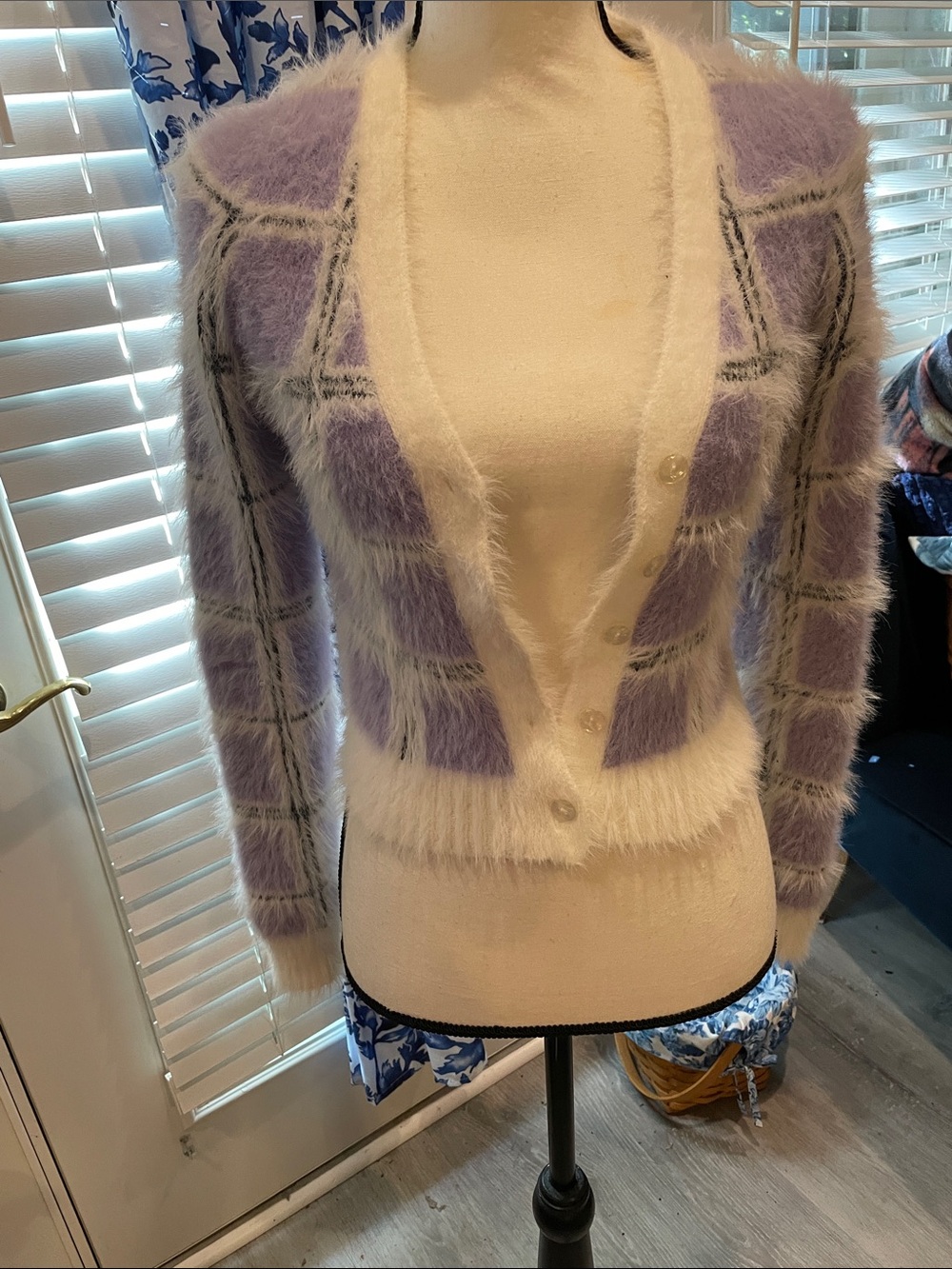 Forever 21 Lavender & Cream Fuzzy Check Cardigan